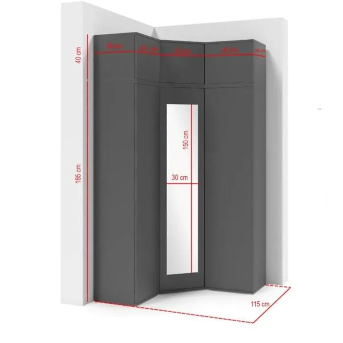 Kotna garderobna omara EMILI 3 Kotna garderobna omara EMILI 3 . Kotna garderobna omara EMILI 3 je izvirna in stilska. Izdelana iz laminirane plošče. Na voljo v več barvah. Garderobna