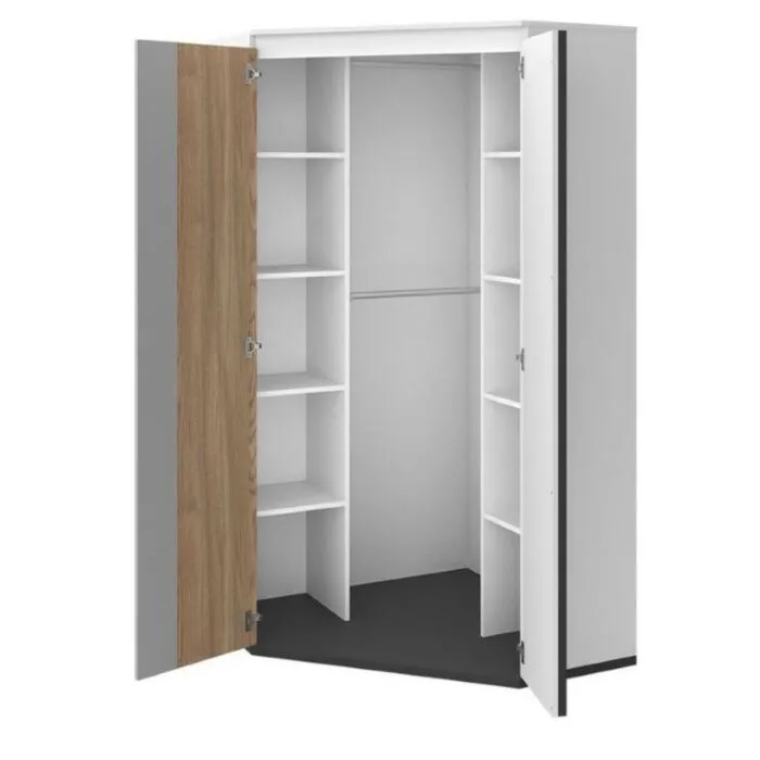 Kotna garderobna omara MELI Kotna garderobna omara MELI . Kotna garderobna omara MELI je stilsko moderna, a hkrati praktična omara. Primerna je za vsako mladinsko sobo. Material: -