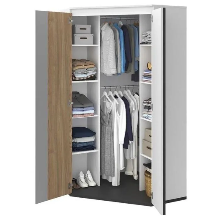 Kotna garderobna omara MELI Kotna garderobna omara MELI . Kotna garderobna omara MELI je stilsko moderna, a hkrati praktična omara. Primerna je za vsako mladinsko sobo. Material: -