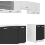 Kuhinja DELTA 170 x 250 cm je kuhinja, ki bo prinesla svežino v vaš dom. Dobavljiva v kombinaciji črne in bele mat barve. Možnost dobave tudi drugih