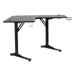 Kotna pisarniška miza JEVGENIJ ima mizno ploščo narejeno iz laminirane plošče in okvir iz kovine. Vsebuje držalo za skoledice ter slušalke, dobavljiva