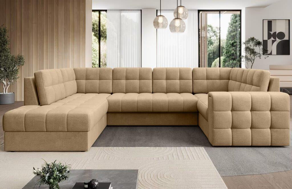 Kotna sedežna garnitura ALANA je modernega dizajna. S svojim elegantnim videzom se bo podala v vsak prostor. Sedežna je praktična za uporabo saj se raztegne