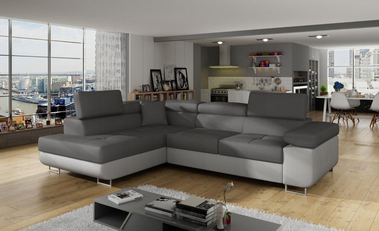 Kotna garnitura ANTON 3 je kotna sedežna garnitura, katera je narejena iz umetnega usnja in blaga. Garnitura se raztegne v ležišče ima zaboj za posteljnino