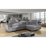 Kotna garnitura ANTON-siva je kotna sedežna garnitura, katera je narejena iz umetnega usnja in blaga. Garnitura se raztegne v ležišče ima zaboj za