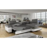 Kotna garnitura ANTON-siva je kotna sedežna garnitura, katera je narejena iz umetnega usnja in blaga. Garnitura se raztegne v ležišče ima zaboj za