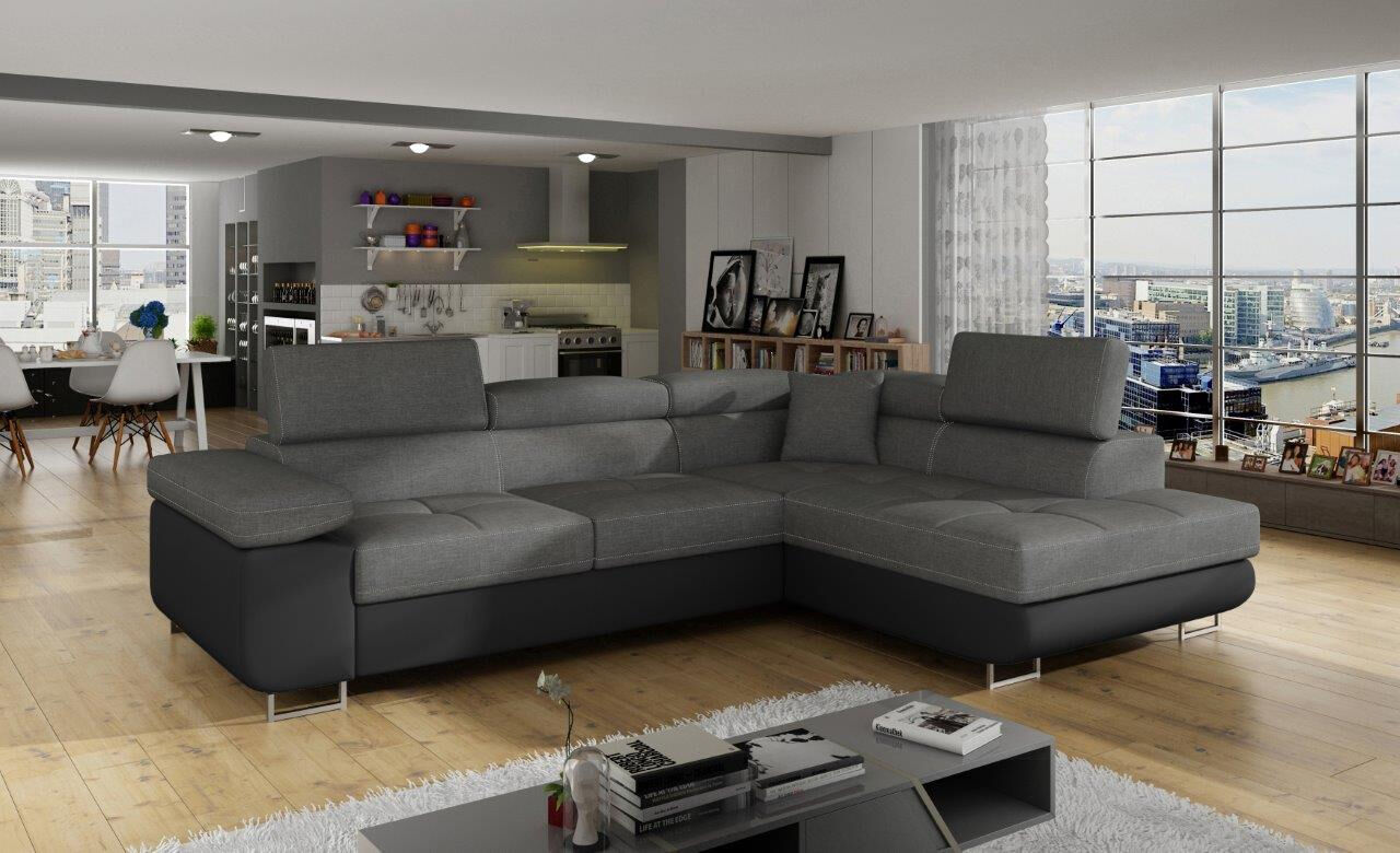 Kotna garnitura ANTON je kotna sedežna garnitura, katera je narejena iz umetnega usnja in blaga. Garnitura se raztegne v ležišče ima zaboj za posteljnino