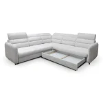 Kotna sedežna garnitura BILA . Kotna sedežna garnitura BILA ima okvir iz borovega lesa, odpira se s mehanizmom Delfin. Vsebuje dodatno ležišče ter predal