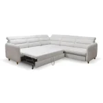 Kotna sedežna garnitura BILA . Kotna sedežna garnitura BILA ima okvir iz borovega lesa, odpira se s mehanizmom Delfin. Vsebuje dodatno ležišče ter predal