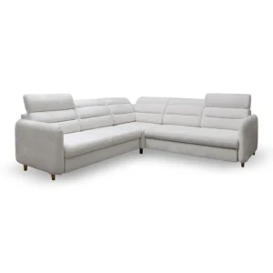 Kotna sedežna garnitura BILA . Kotna sedežna garnitura BILA ima okvir iz borovega lesa, odpira se s mehanizmom Delfin. Vsebuje dodatno ležišče ter predal