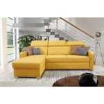 Kotna sedežna garnitura ELI . Kotna garnitura ELI je kotna sedežna garnitura, katera je narejena iz rumenega blaga. Garnitura se raztegne v ležišče in ima