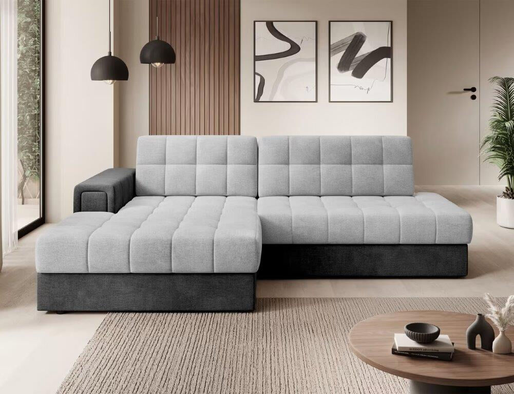 Kotna sedežna garnitura FRIDA je modernega dizajna. S svojim elegantnim videzom se bo podala v vsak prostor. Sedežna je praktična za uporabo saj se raztegne