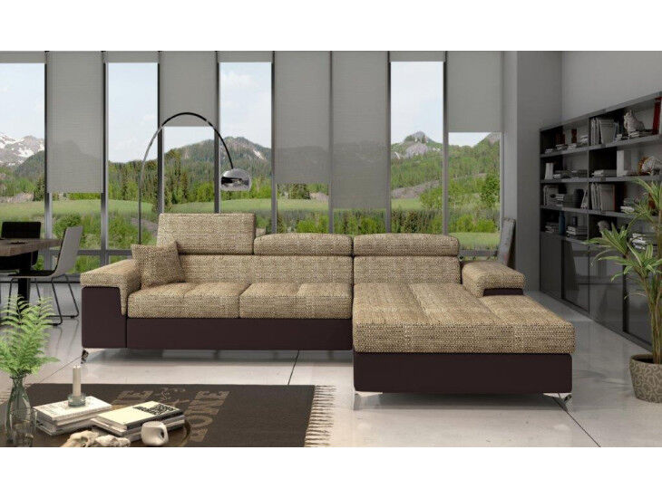 Kotna sedežna garnitura HELENA vas bo prepričala s svojimi modernimi linijami. Garnitura je vzmetena z valovitimi vzmetmi in se raztegne v ležišče, z