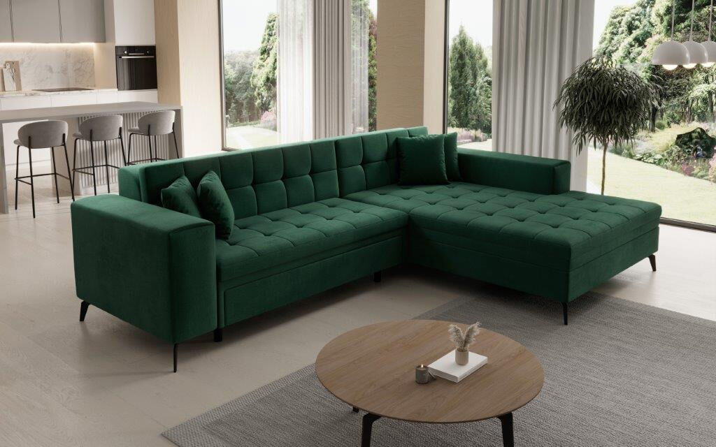 Kotna sedežna garnitura JON 2 je modernega dizajna. Primerna je za vsak prostor. Sedežni je potrebno določiti levi ali desni kot. Prednost je tudi spalna