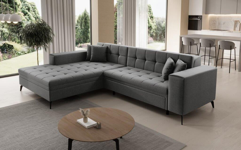 Kotna sedežna garnitura JON Kotna sedežna garnitura JON je modernega dizajna. Na voljo je v več barvah. Primerna je za vsak prostor. Sedežni je potrebno določiti levi ali desni kot.