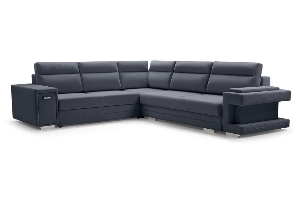 Kotna sedežna garnitura PERCIVAL 2 je moderna in funkcionalna. Raztegne se v ležišče ter vsebuje veliko prostora za shranjevanje. Ima dva zaboja za