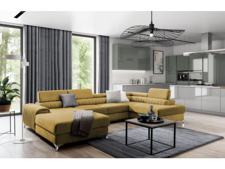 Kotna sedežna garnitura RASI 2 dviguje nivo sodobnega bivalnega prostora, zahvaljujoč zanimivi obliki ter dizajnerskim jeklenim kromiranim nogam višine 9