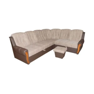 Kotna sedežna garnitura TEO - rjava . Klasično moderna sedežna garnitura TEO z lesenim dekorativom v rokonaslonu in funkcijo postelje in predalom. Narejena