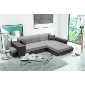 Kotna sedežna garnitura TIBOR . Kotna sedežna garnitura TIBOR je zelo praktična in funkcionalna. Narejena je v kvalitetnem umetnem usnju in blagu. Garnitura