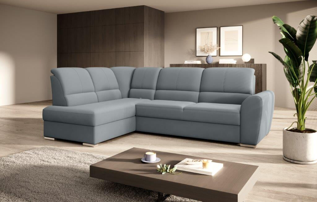 Kotna sedežna garnitura VALLY 3 je sodobnega dizajna. Sedežna je praktična za uporabo, saj ima nastavljiv sredinski naslon za hrbet. Ima elegantne srebrne