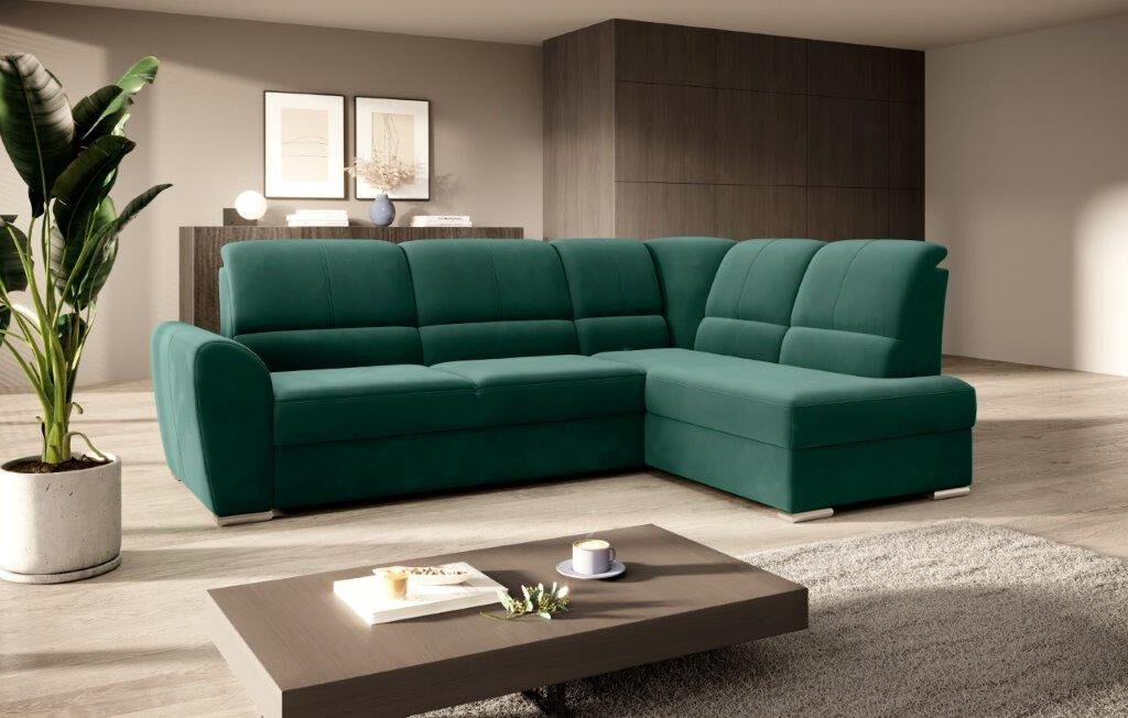 Kotna sedežna garnitura VALLY je sodobnega dizajna. Sedežna je praktična za uporabo, saj ima nastavljiv sredinski naslon za hrbet. Ima elegantne srebrne