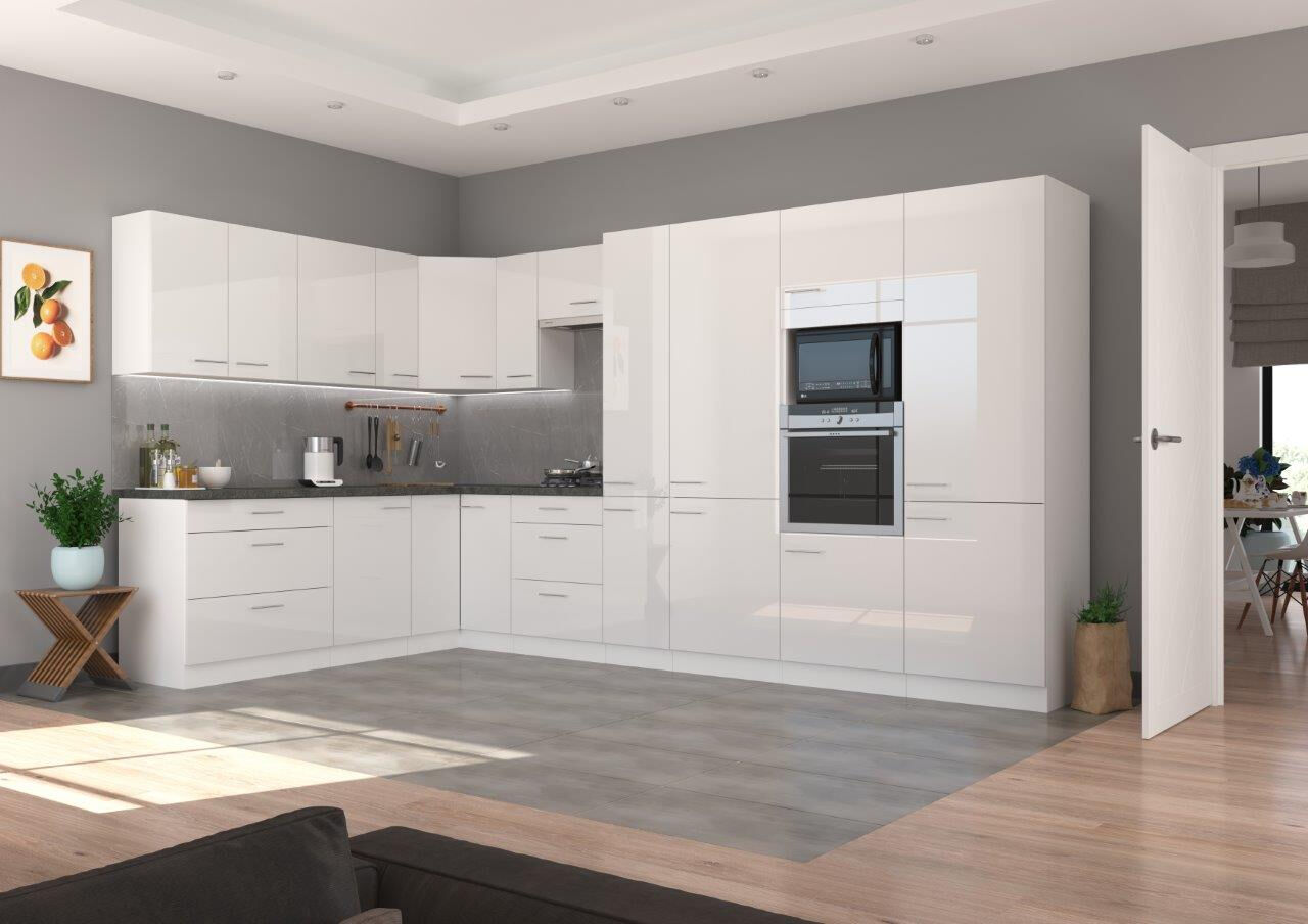 Kotni kuhinjski blok ELZA 230 x 370 cm je narejen iz kvalitetnih materialov. Debelina delovnega pulta je 38 mm. Fronte kuhinje so iz  MDF plošče,