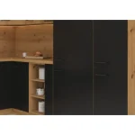 Kotni kuhinjski blok ENA 270 x 220 cm . Kuhinjski blok ENA 270 x 220 cm je kuhinja v barvi črne mat in artisan hrasta. Narejena je iz laminirane plošče (16