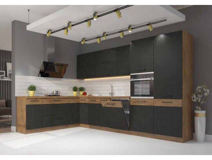 Kotna kuhinja PARIZ 210 x 350 cm je kuhinja, katera bo prinesla svežino v vaš dom. Dobavljiva je v moderni sivi hrast barvi. Debelina delovnega pulta je 28
