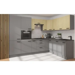 Kotni kuhinjski blok RONA . Kotni kuhinjski blok RONA je narejen iz kvalitetne laminirane plošče debeline 16 mm s ABS robovi. Debelina delovnega pulta je 38