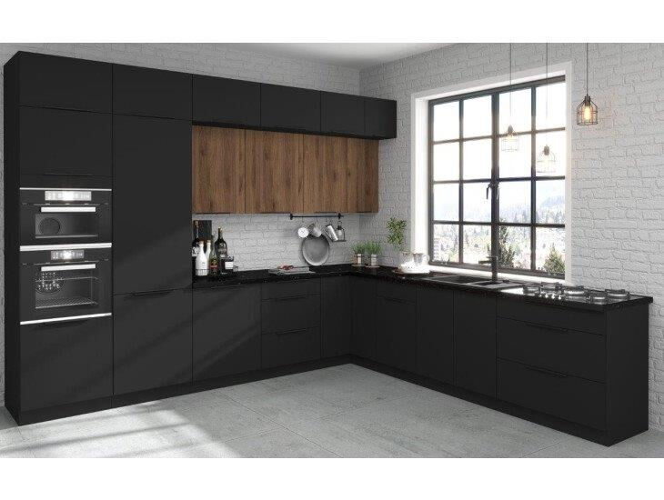 Kuhinjski blok SARA 330 x 300 cm je kuhinja v kombinaciji črne mat in oreh barve. Kuhinja je izdelana iz oplemenitenih ivernih plošč debeline 16 mm in