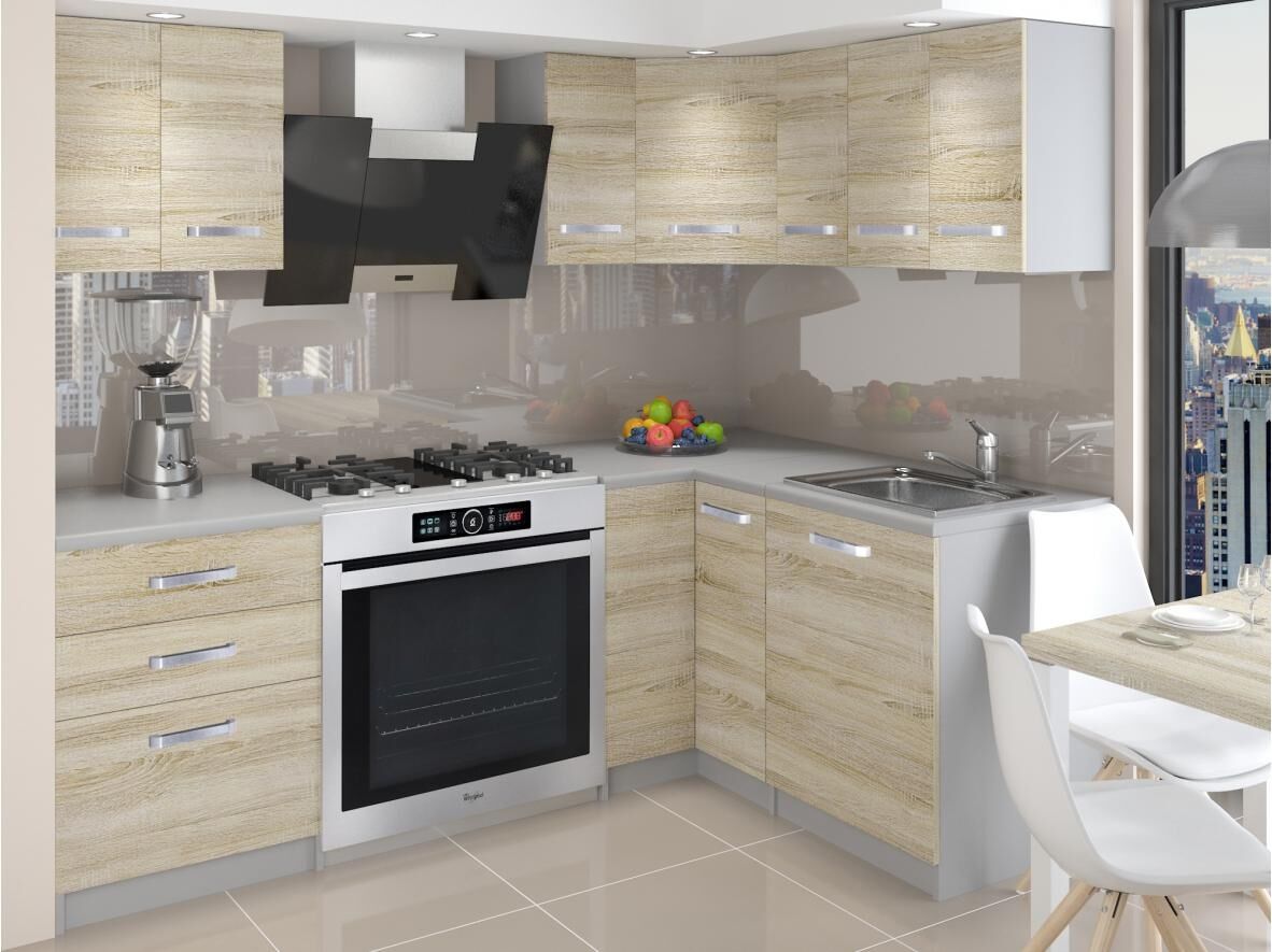 Eleganten kotni kuhinjski blok SENIDA 2, ki bo zagotovo osvežil vašo kuhinjo. Dobavljiv je v dveh različnih barvah kuhinjskih elementov. Delovni pult ni v