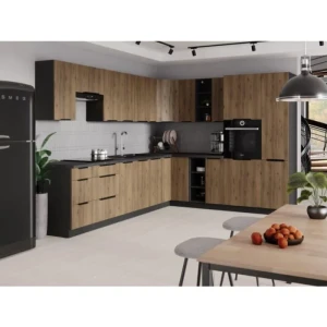 Kotni kuhinjski blok SILVA 315 x 250 . Kuhinjski blok SILVA 315 x 250 cm je kuhinja v oreh / črni barvi. Kuhinja je izdelana iz oplemenitenih ivernih plošč