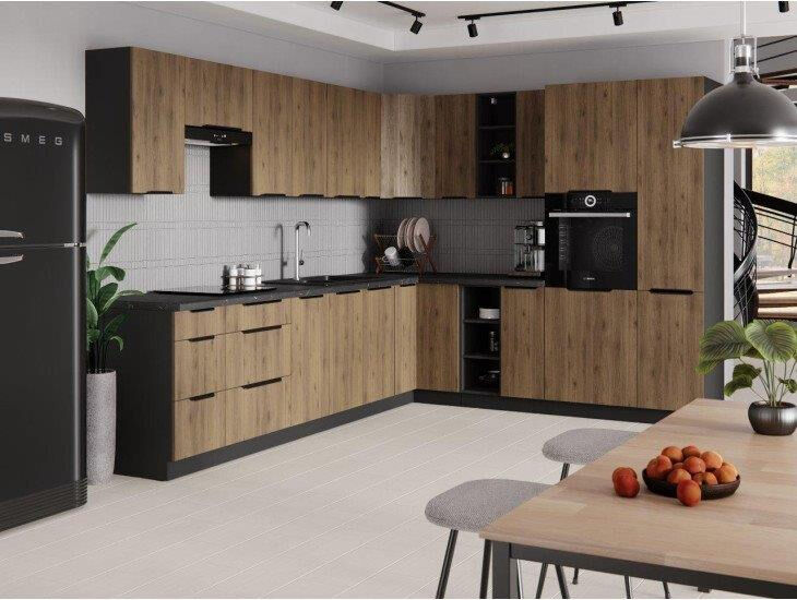 Kuhinjski blok SILVA 315 x 250 cm je kuhinja v oreh / črni barvi. Kuhinja je izdelana iz oplemenitenih ivernih plošč debeline 16 mm in je oblečena v