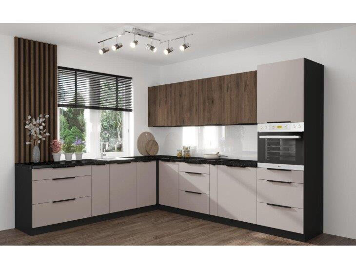 Kuhinjski blok SINDI 260 x 300 cm je kuhinja v kombinaciji kašmir, oreh in črne barve. Kuhinja je izdelana iz oplemenitenih ivernih plošč debeline 16