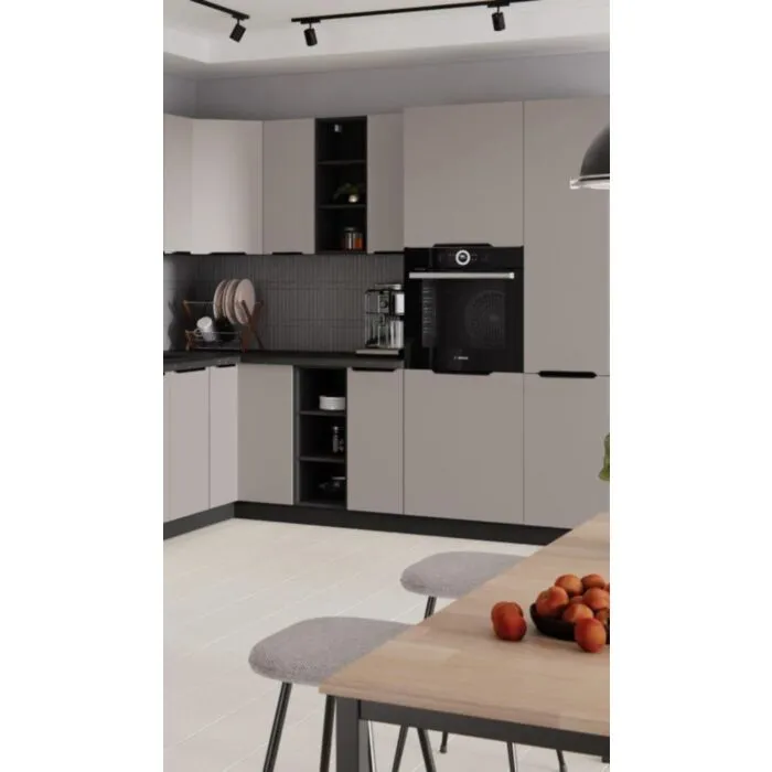 Kotni kuhinjski blok SINTIA 315 x 250 Kotni kuhinjski blok SINTIA 315 x 250 . Kuhinjski blok SINTIA 315 x 250 cm je kuhinja v kašmir / črni barvi. Kuhinja je izdelana iz oplemenitenih ivernih