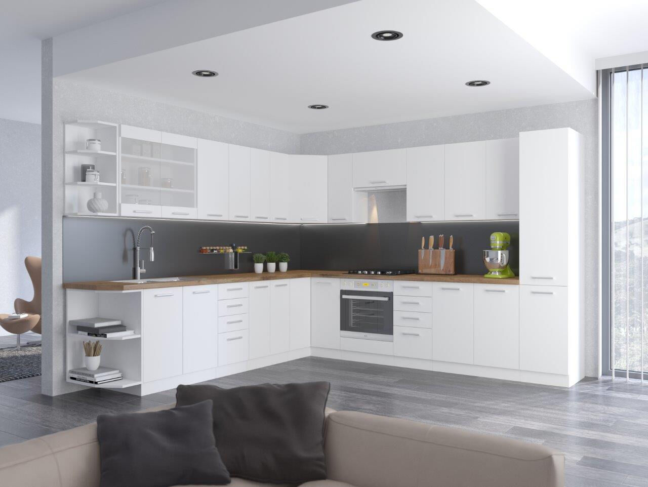 Kotni kuhinjski blok STELLA 300 x 310 cm je narejen iz kvalitetne laminirane plošče. Dobavljiv je v beli mat barvi. Debelina delovnega pulta je 28 mm.