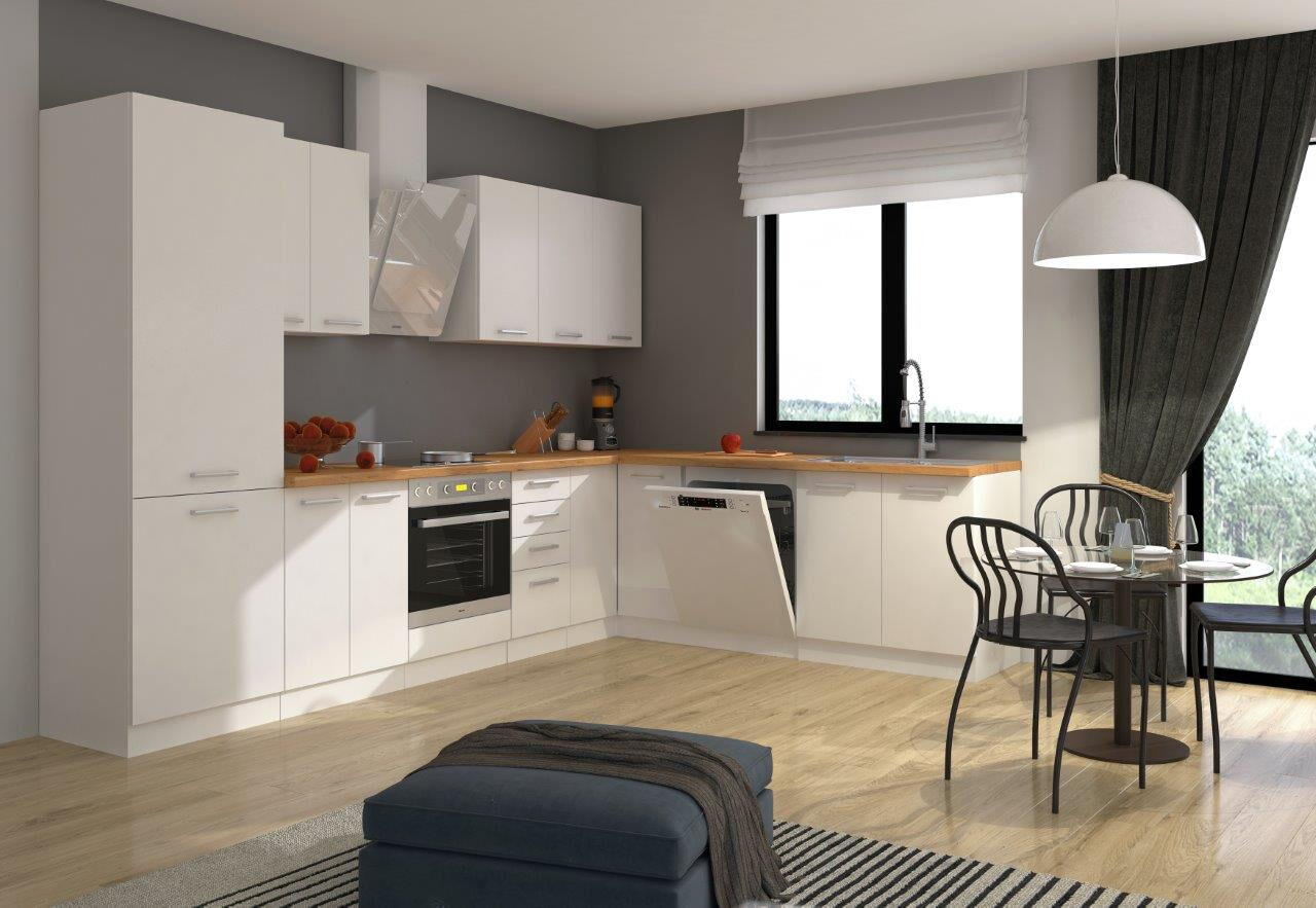 Kotni kuhinjski blok STELLA 310 x 230 cm narejen iz kvalitetne laminirane plošče. Dobavljiv je v beli mat barvi. Debelina delovnega pulta je 28 mm.