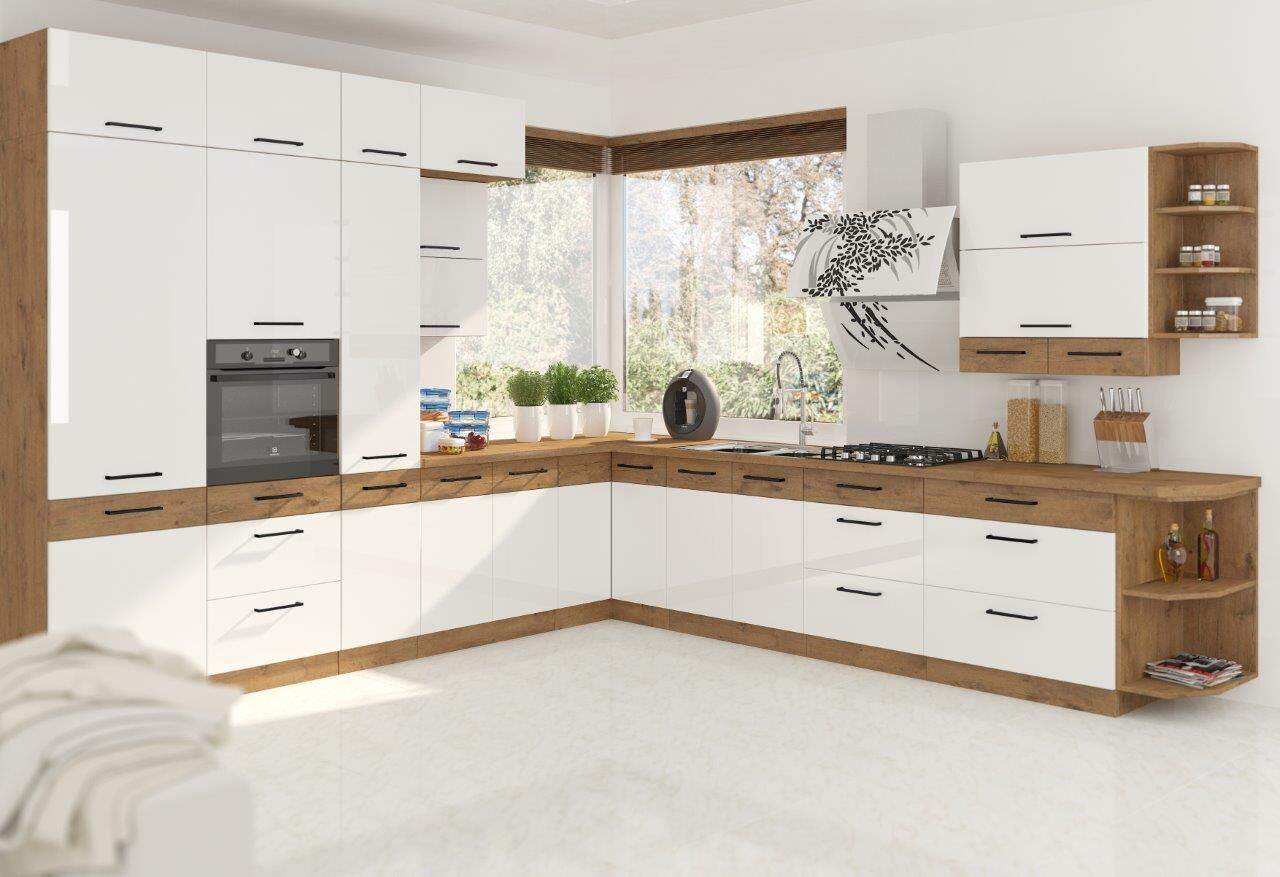 Kotni kuhinjski blok VANJA 330 x 340 cm je kuhinja, katera bo prinesla svežino v vaš dom. Dobavljiva v kombinaciji hrast/beli barvi. Možnost dobave tudi