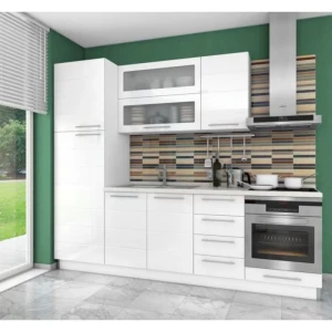 Kuhinja AJDA 255 cm . Kuhinja AJDA širine 255 cm, višine 216 cm je narejena iz kvalitetnega iveral E1. Kuhinja je narejena iz oplemenite iverne plošče18