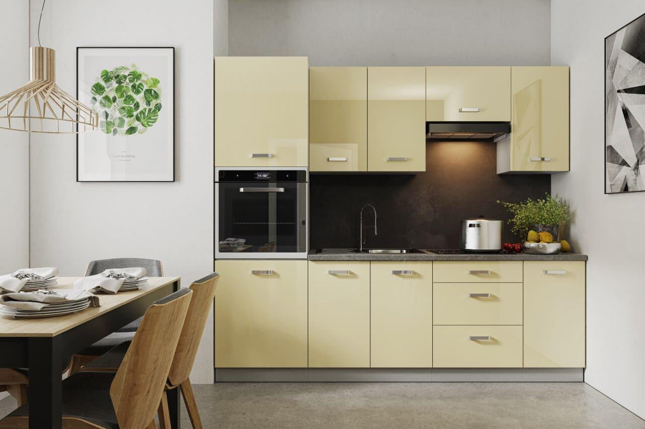 Kuhinjski blok ELITE 240 cm je dobavljiv v več barvah. Debelina delovnega pulta je 28 mm. Kuhinja je izdelana iz oplemenitenih ivernih plošč debeline 16