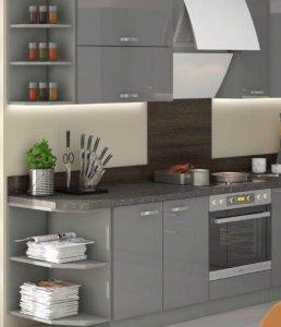 Kuhinjski blok ELITE 350 cm je dobavljiv v več barvah. Debelina delovnega pulta je 28 mm. Kuhinja je izdelana iz oplemenitenih ivernih plošč debeline 16