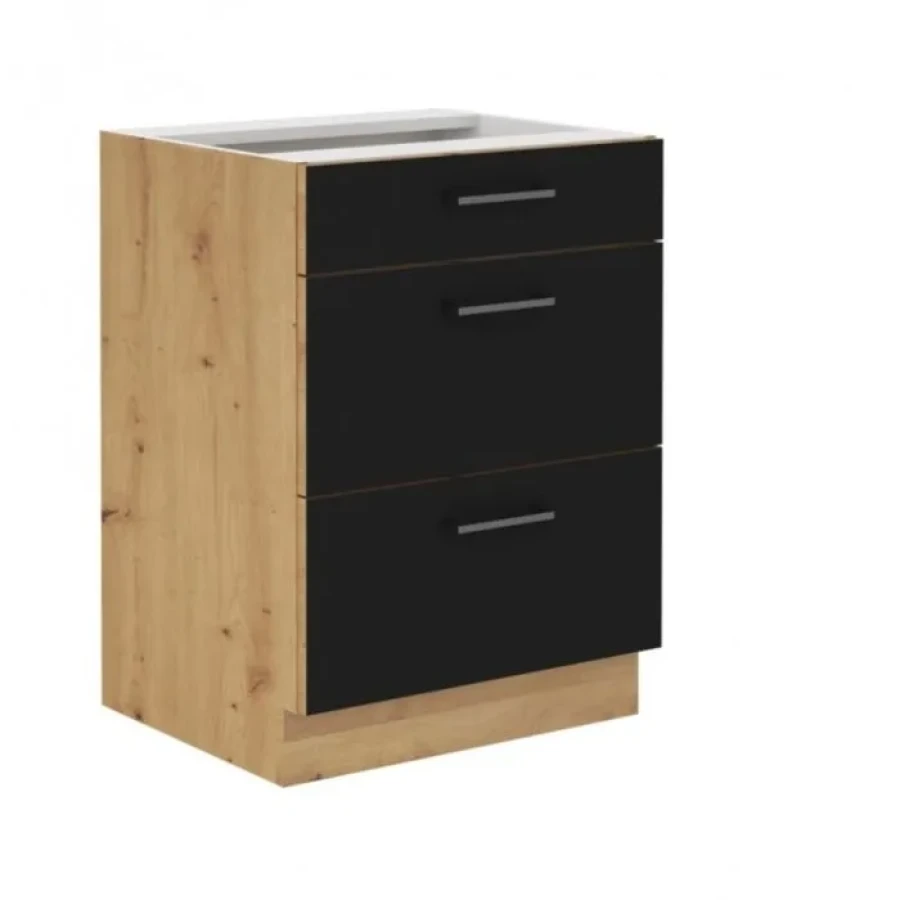 Kuhinja ENA 260 . Kuhinjski blok ENA 260 cm je kuhinja v barvi črne mat in artisan hrasta. Narejena je iz laminirane plošče (16 mm) in melamina. Plošča je