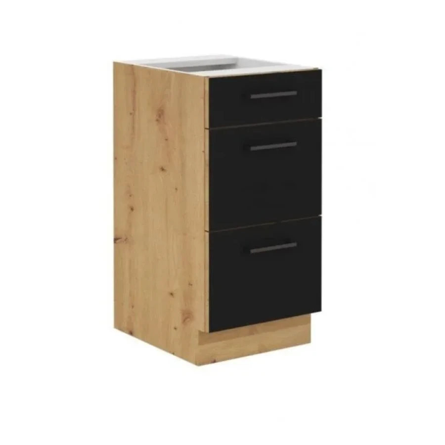 Kuhinja ENA 315 cm . Kuhinjski blok ENA 315 cm je kuhinja v barvi črne mat in artisan hrasta. Narejena je iz laminirane plošče (16 mm) in melamina. Plošča