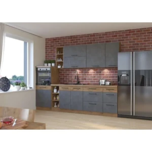 Kuhinja PARIZ 270 . Kuhinja PARIZ 270 cm je kuhinja, katera bo prinesla svežino v vaš dom. Dobavljiva je v moderni sivi oreh barvi. Debelina delovnega pulta