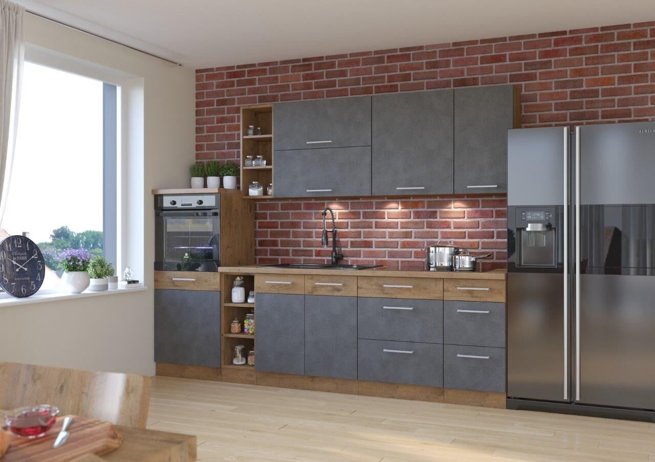 Kuhinja PARIZ 270 Kuhinja PARIZ 270 cm je kuhinja, katera bo prinesla svežino v vaš dom. Dobavljiva je v moderni sivi oreh barvi. Debelina delovnega pulta je 28 mm. Kuhinja