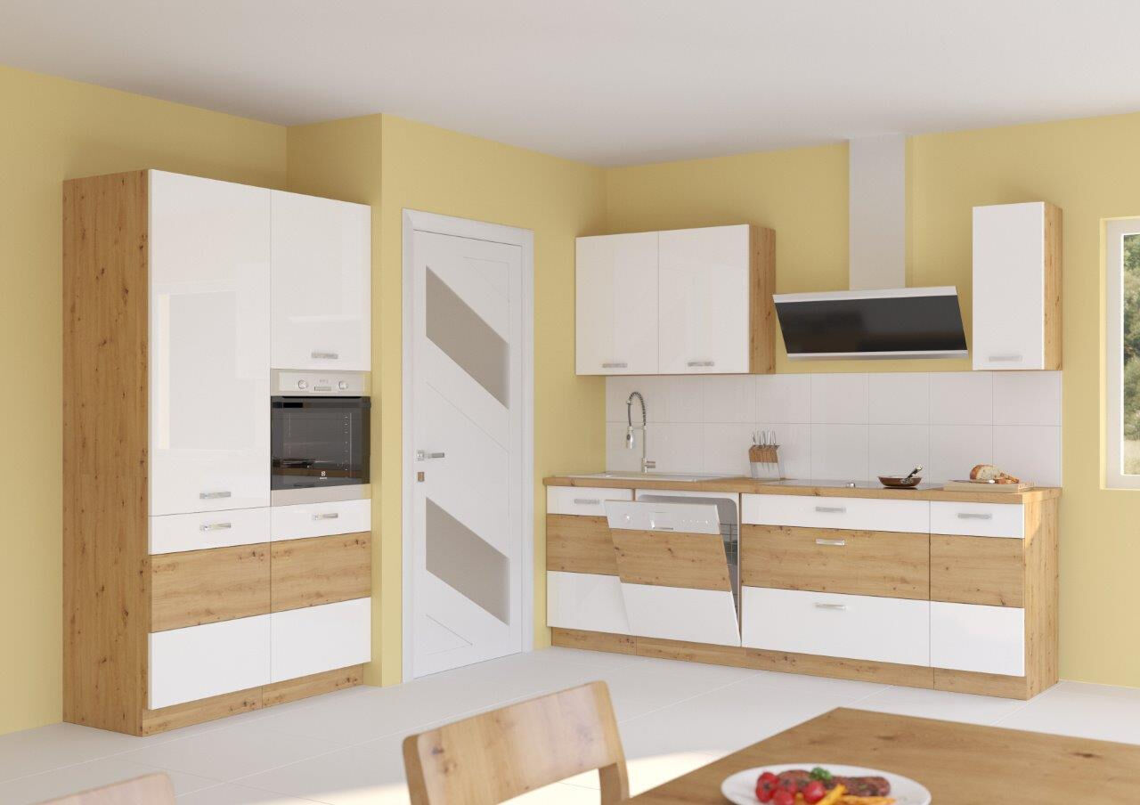 Kuhinjski blok TISA 350 cm je dobavljiv v več barvah. Debelina delovnega pulta je 28 mm. Kuhinja je izdelana iz oplemenitenih ivernih plošč debeline 16