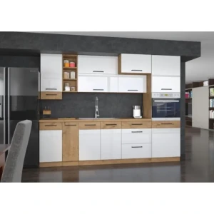 Kuhinja VANJA 270 cm . Kuhinja VANJA 270 cm je kuhinja, katera bo prinesla svežino v vaš dom. Dobavljiva v kombinaciji hrast/beli barvi. Možnost dobave tudi