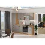 Kuhinjski blok ALISA 240 . Kuhinjski blok ALISA 240 cm je dobavljiva v taupe barvi. Debelina delovnega pulta je 38 mm. Fronte kuhinje imajo MDF rob. Kuhinja je