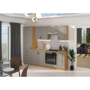 Kuhinjski blok ALISA 240 . Kuhinjski blok ALISA 240 cm je dobavljiva v taupe barvi. Debelina delovnega pulta je 38 mm. Fronte kuhinje imajo MDF rob. Kuhinja je