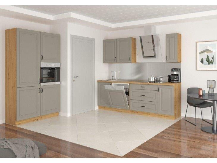 Kuhinjski blok ALISA 350 cm je dobavljiva v taupe barvi. Debelina delovnega pulta je 38 mm. Kuhinja je izdelana iz oplemenitenih ivernih plošč debeline 16