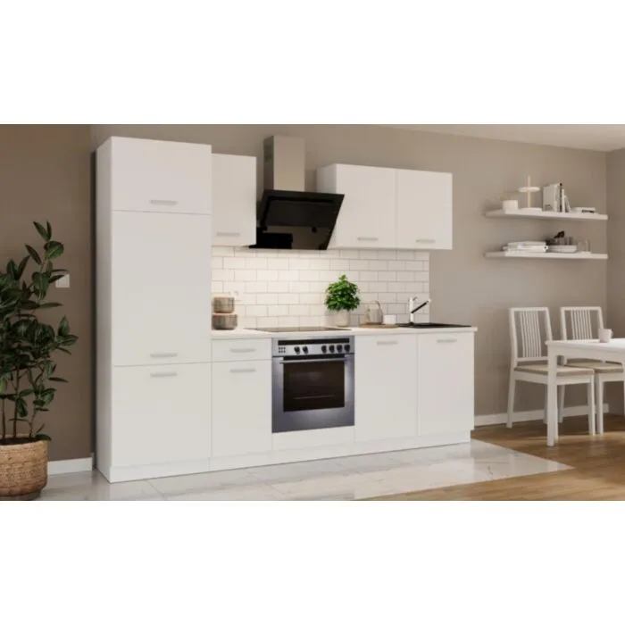 Kuhinjski blok CALIFORNIA BELA 260 cm z vgradnimi aparati . Kuhinjski blok CALIFORNIA 260 cm z vgradnimi aparati je izdelana iz oplemenitenih ivernih plošč